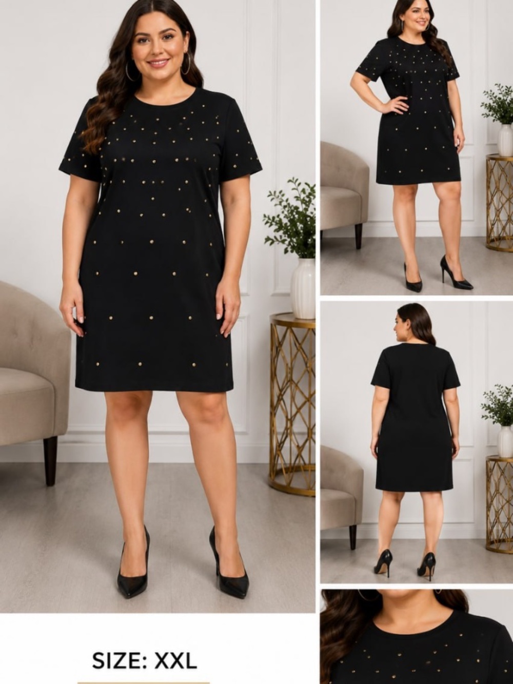 Michael Michael Kors Black Studded Shift Dress Gold Studs Short Sleeve Plus Size